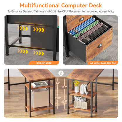 Furologee 66'' L Shaped Desk with Power Outlet and 2 Drawers, Rustic Brown Reversible Computer Office Desk, Dual Monitor Stand, Fabric File Cabinet, Storage Shelves, for Corner Working Study Table