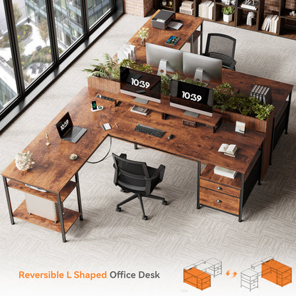 Furologee 66'' L Shaped Desk with Power Outlet and 2 Drawers, Rustic Brown Reversible Computer Office Desk, Dual Monitor Stand, Fabric File Cabinet, Storage Shelves, for Corner Working Study Table