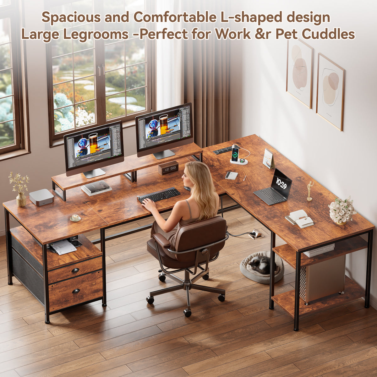 Furologee 66'' L Shaped Desk with Power Outlet and 2 Drawers, Rustic Brown Reversible Computer Office Desk, Dual Monitor Stand, Fabric File Cabinet, Storage Shelves, for Corner Working Study Table