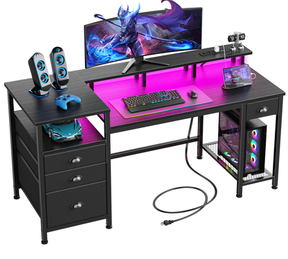 Furologee 60" Gaming Desk with 4 Drawers & LED Lights, Power Outlet, Black

Computer Desk with Full Monitor Stand, Fabric File Cabinet ,Printer Space for Home Office Working Gamer Table with Shelf