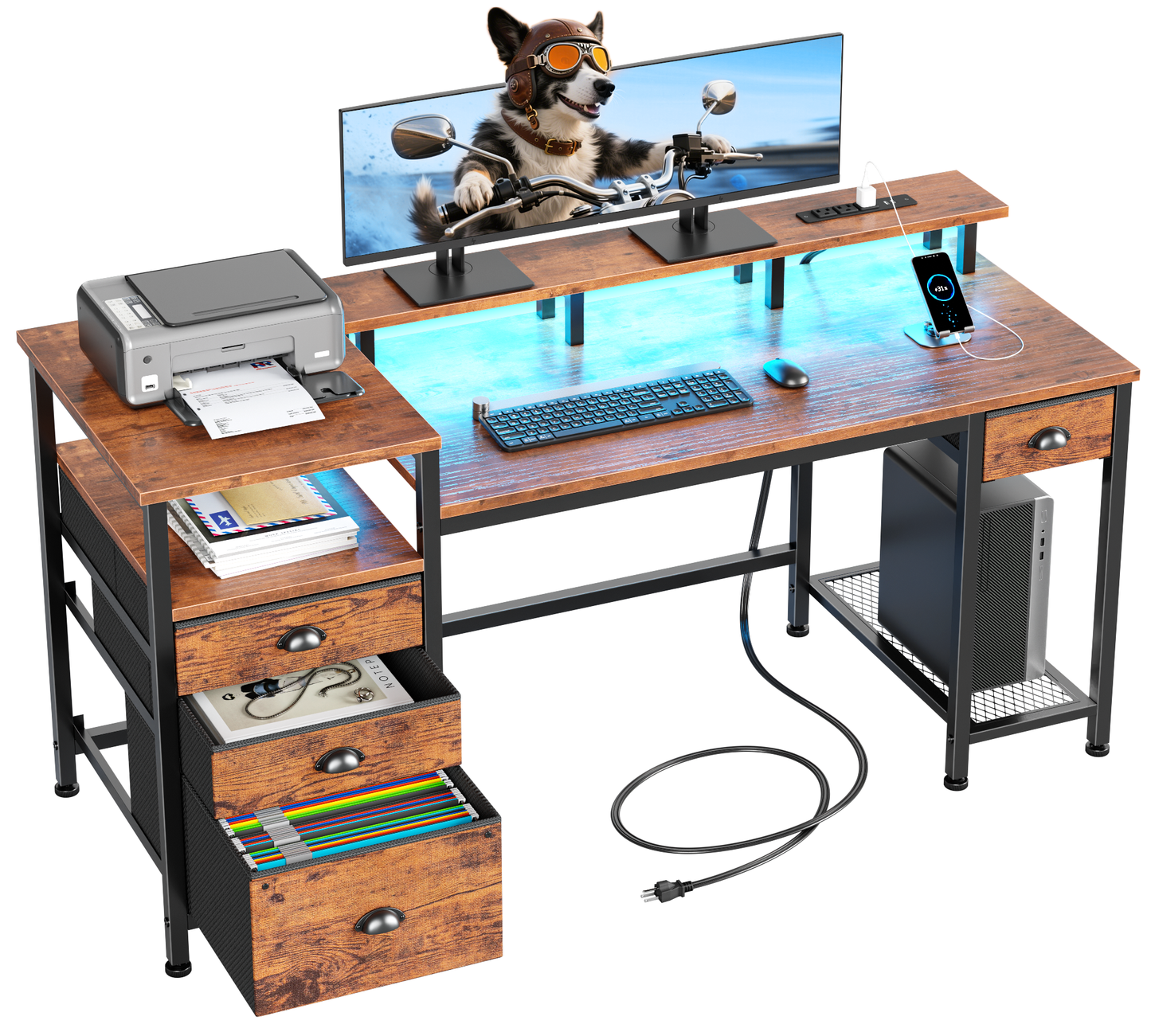 Furologee 60" Computer Desk with 4 Drawers and File Cabinet, Reversible Home Office Desk with LED Lights, Power Outlets, Full Monitor Stand, Study Table with Storage Shelves, Rustic Brown
