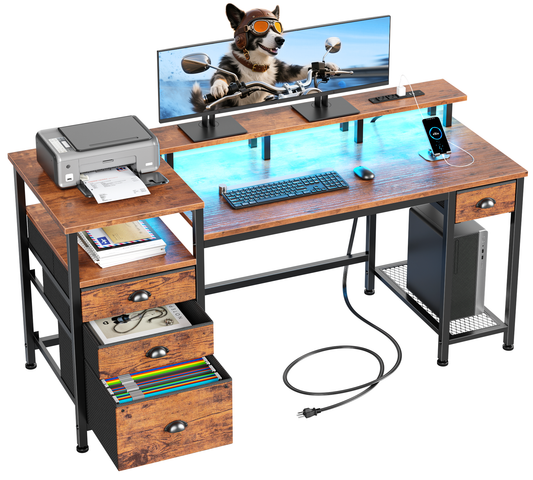 Furologee 60" Computer Desk with 4 Drawers and File Cabinet, Reversible Home Office Desk with LED Lights, Power Outlets, Full Monitor Stand, Study Table with Storage Shelves, Rustic Brown