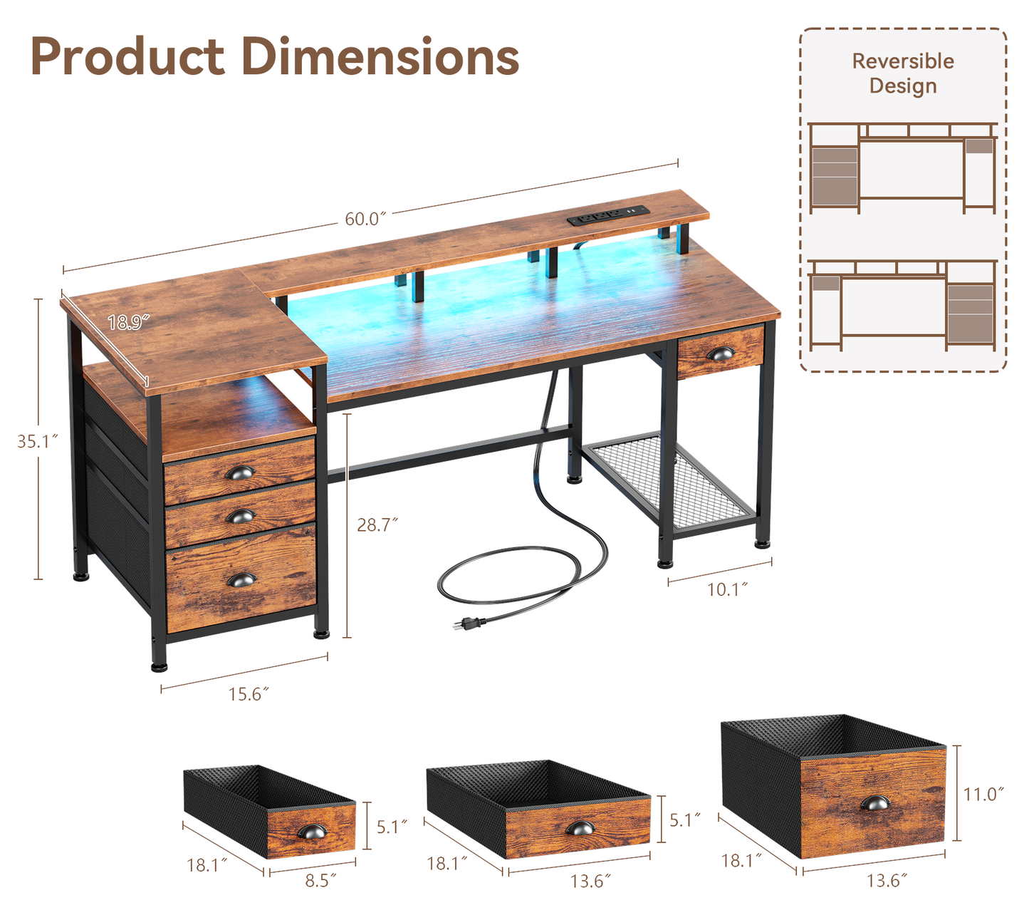 Furologee 60" Computer Desk with 4 Drawers and File Cabinet, Reversible Home Office Desk with LED Lights, Power Outlets, Full Monitor Stand, Study Table with Storage Shelves, Rustic Brown
