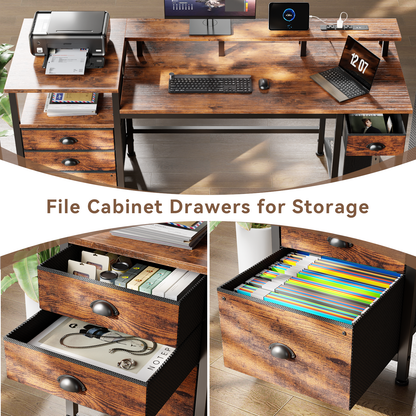 Furologee 60" Computer Desk with 4 Drawers and File Cabinet, Reversible Home Office Desk with LED Lights, Power Outlets, Full Monitor Stand, Study Table with Storage Shelves, Rustic Brown