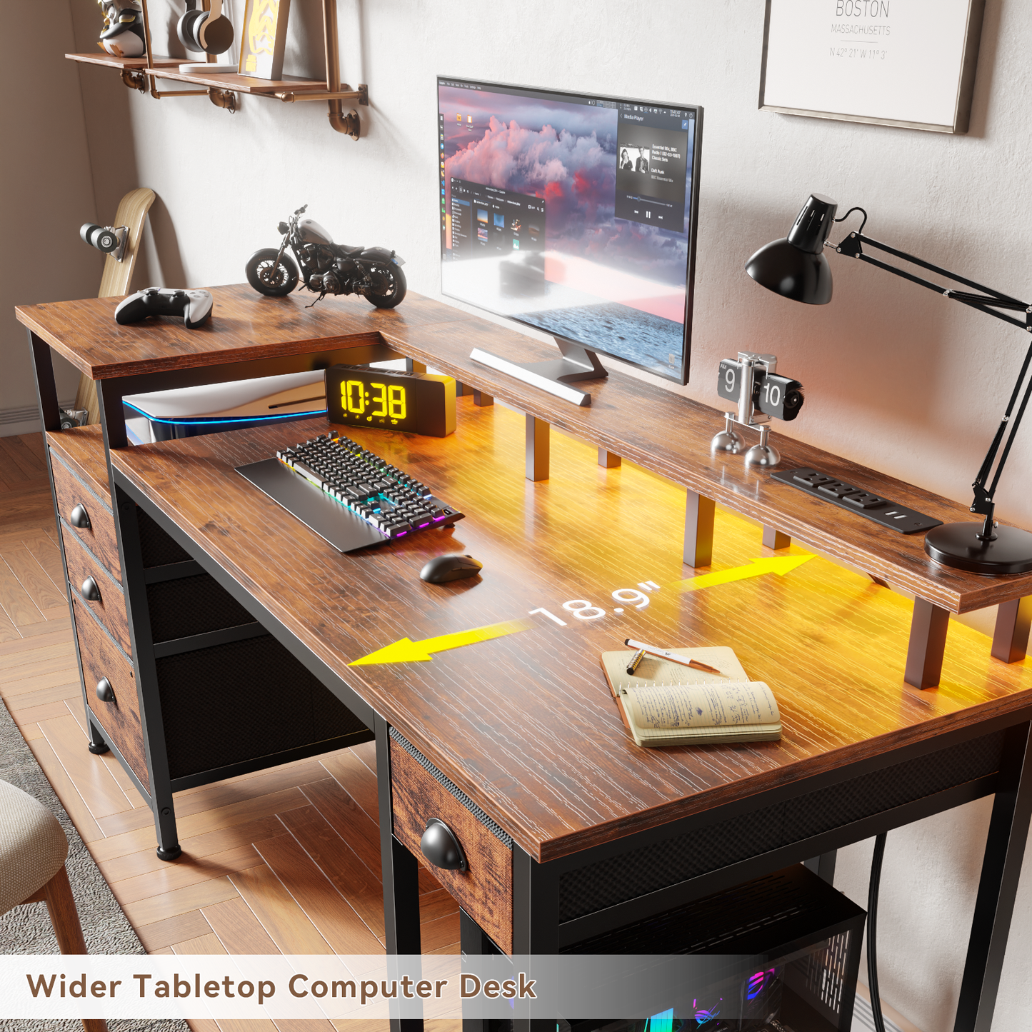 Furologee 60" Computer Desk with 4 Drawers and File Cabinet, Reversible Home Office Desk with LED Lights, Power Outlets, Full Monitor Stand, Study Table with Storage Shelves, Rustic Brown