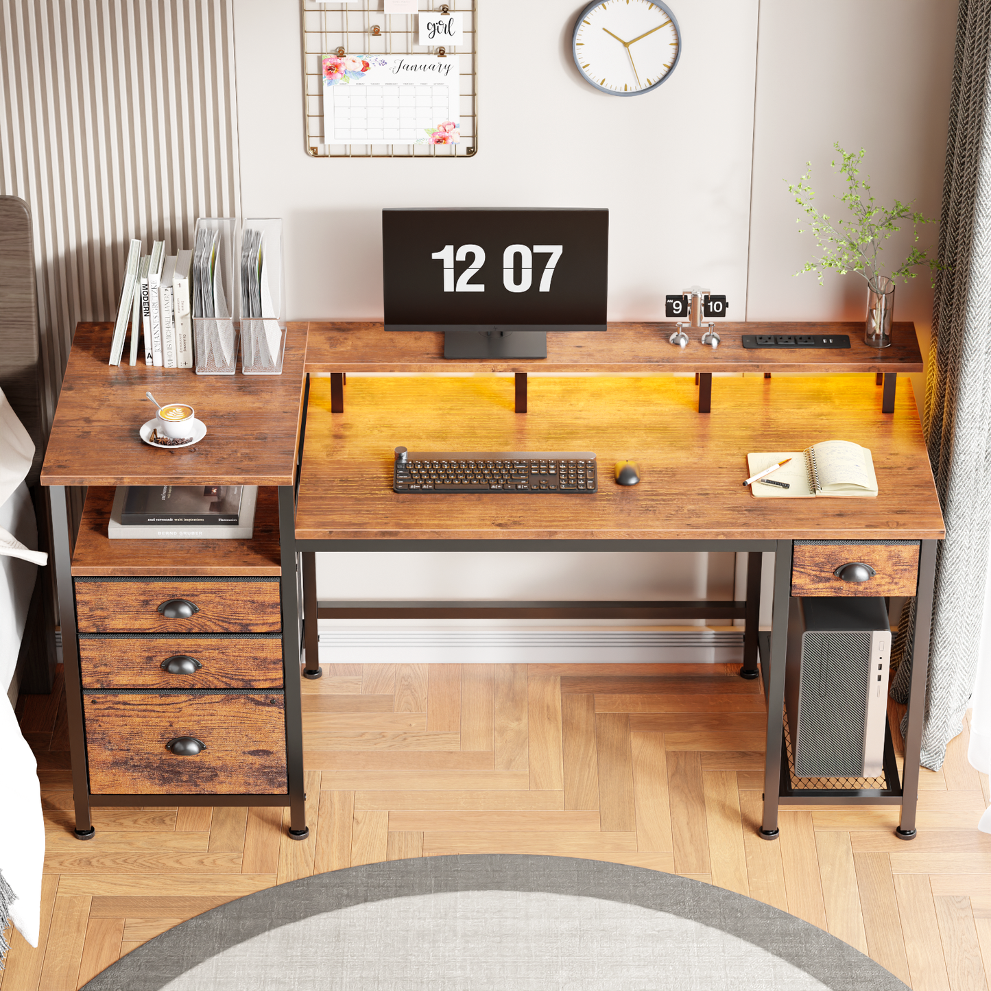 Furologee 60" Computer Desk with 4 Drawers and File Cabinet, Reversible Home Office Desk with LED Lights, Power Outlets, Full Monitor Stand, Study Table with Storage Shelves, Rustic Brown