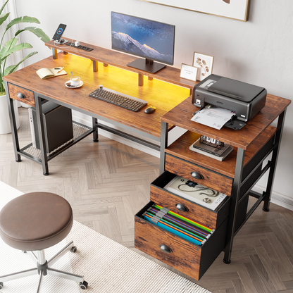Furologee 60" Computer Desk with 4 Drawers and File Cabinet, Reversible Home Office Desk with LED Lights, Power Outlets, Full Monitor Stand, Study Table with Storage Shelves, Rustic Brown