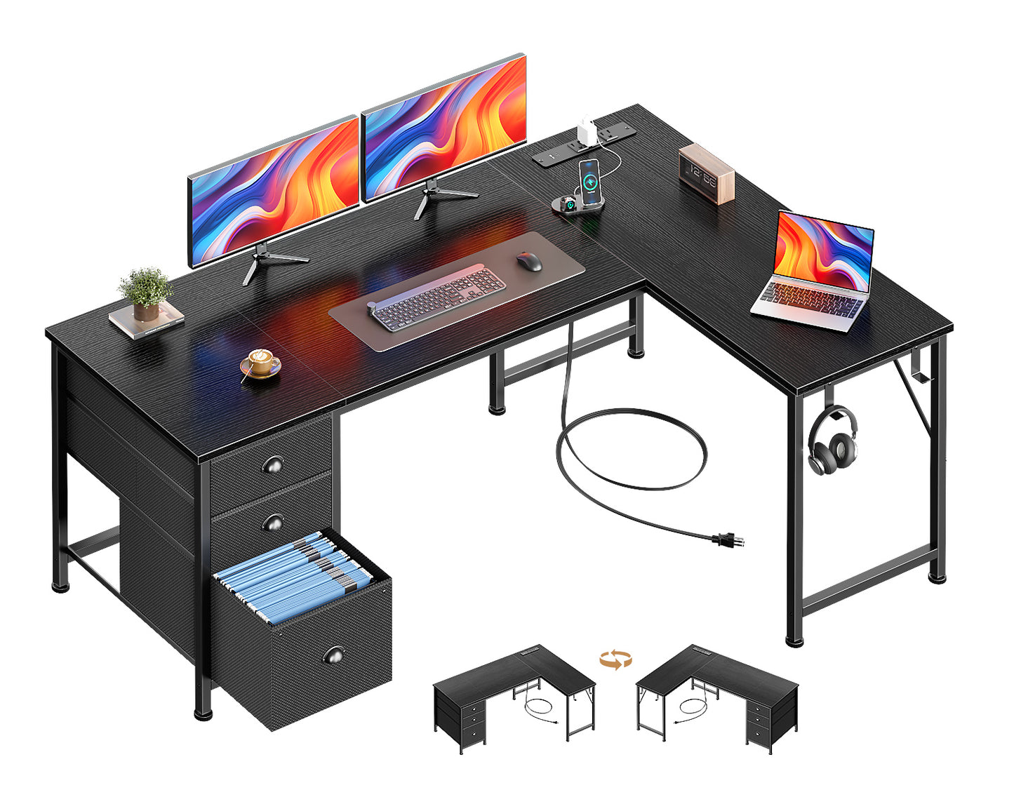 Furologee 55" L Shaped Desk with Power Outlets & USB-C Port, Reversible Corner Computer Desk with File Drawers, Work Study Gaming Table for Home Office, Dorm, Black