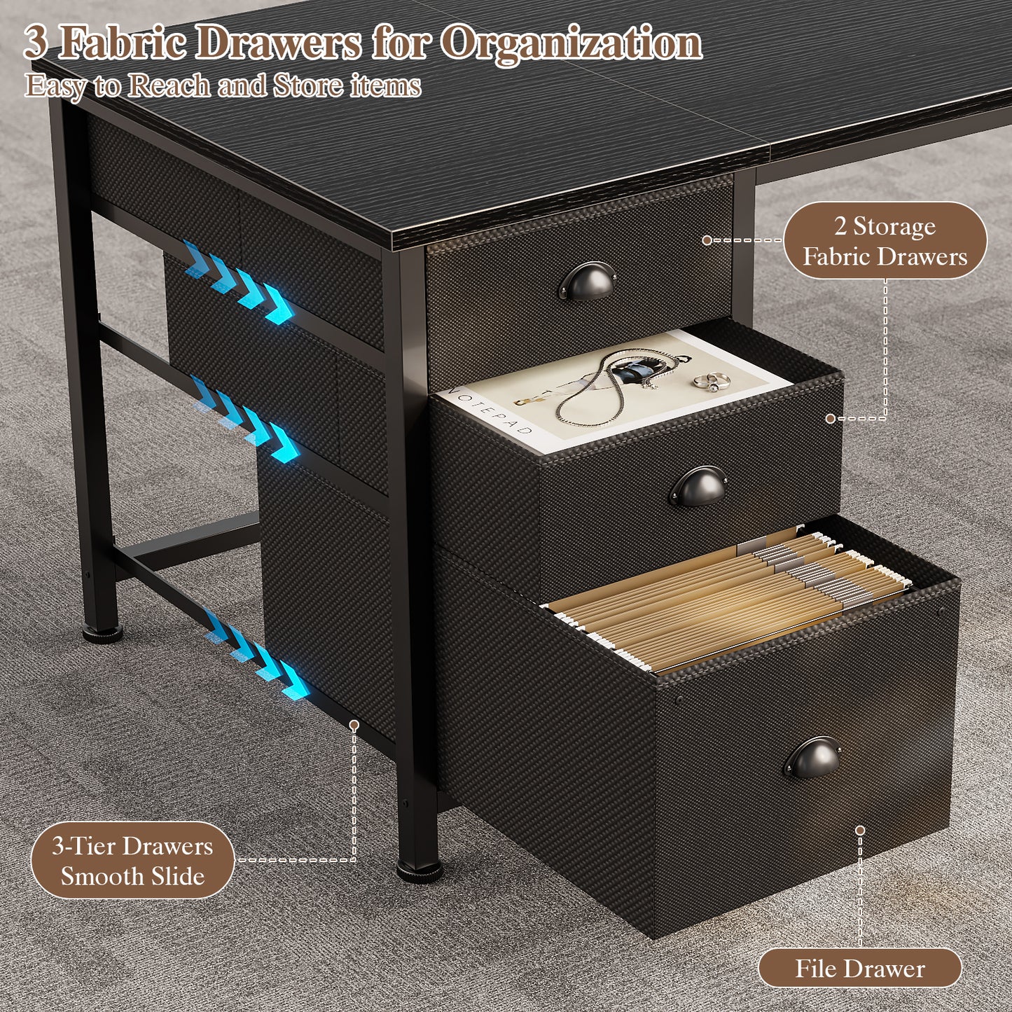 Furologee 55" L Shaped Desk with Power Outlets & USB-C Port, Reversible Corner Computer Desk with File Drawers, Work Study Gaming Table for Home Office, Dorm, Black