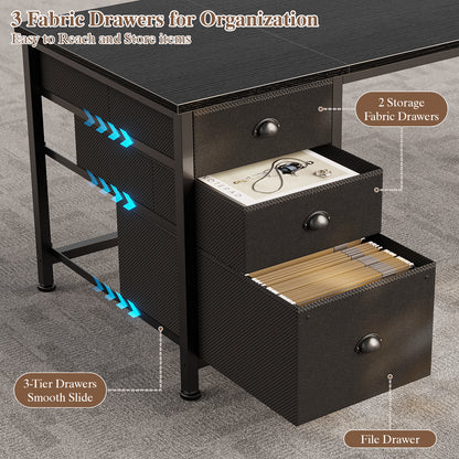 Furologee 55" L Shaped Desk with Power Outlets & USB-C Port, Reversible Corner Computer Desk with File Drawers, Work Study Gaming Table for Home Office, Dorm, Black