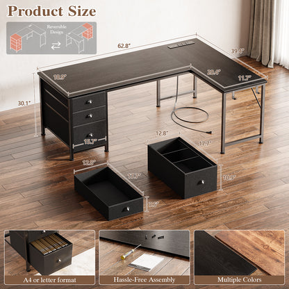 Furologee 55" L Shaped Desk with Power Outlets & USB-C Port, Reversible Corner Computer Desk with File Drawers, Work Study Gaming Table for Home Office, Dorm, Black