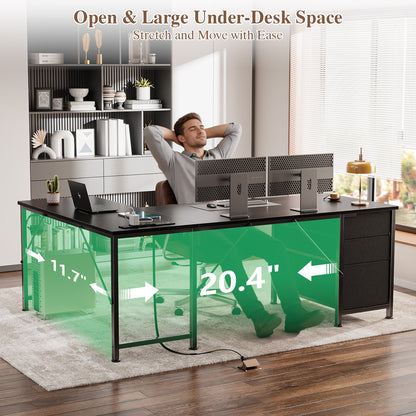 Furologee 55" L Shaped Desk with Power Outlets & USB-C Port, Reversible Corner Computer Desk with File Drawers, Work Study Gaming Table for Home Office, Dorm, Black