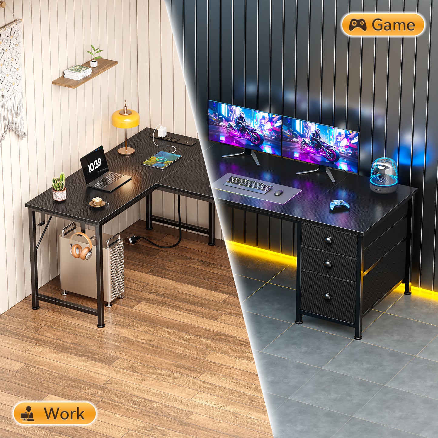 Furologee 55" L Shaped Desk with Power Outlets & USB-C Port, Reversible Corner Computer Desk with File Drawers, Work Study Gaming Table for Home Office, Dorm, Black