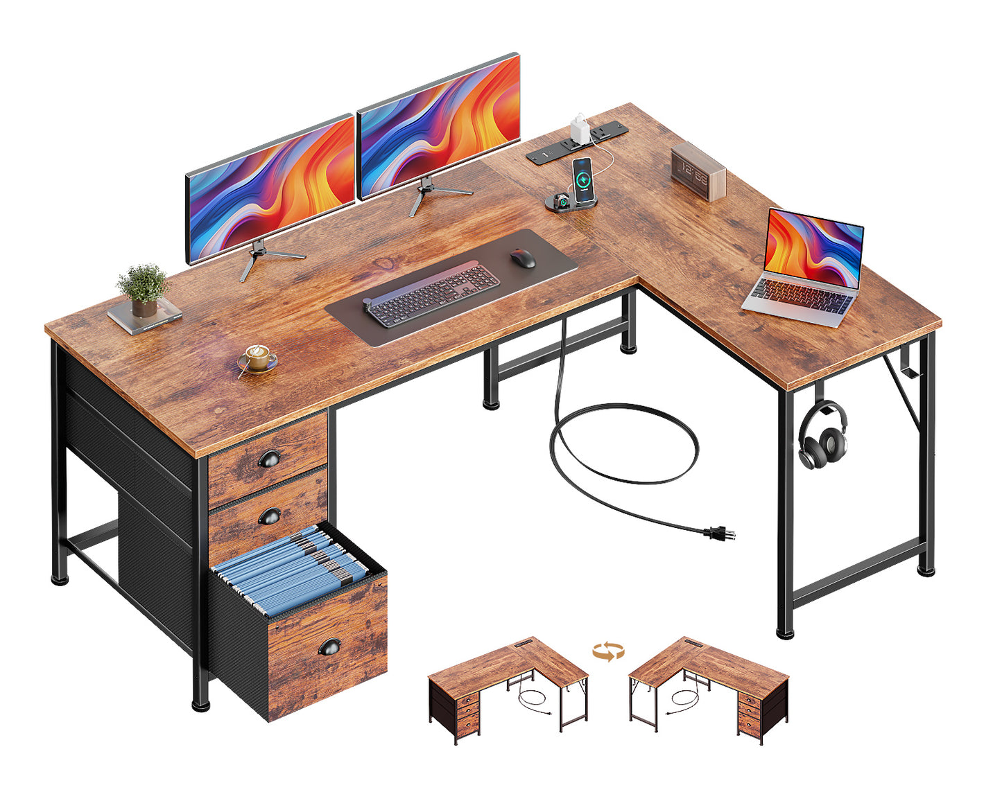 Furologee 55" L Shaped Desk with Power Outlets & USB-C Port, Reversible Corner Office Desk with File Drawers, Work Study Gaming Table for Home Office, Dorm, Rustic Brown