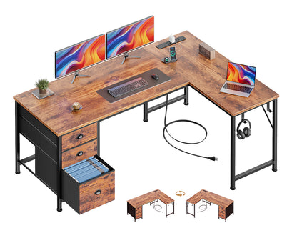 Furologee 55" L Shaped Desk with Power Outlets & USB-C Port, Reversible Corner Office Desk with File Drawers, Work Study Gaming Table for Home Office, Dorm, Rustic Brown