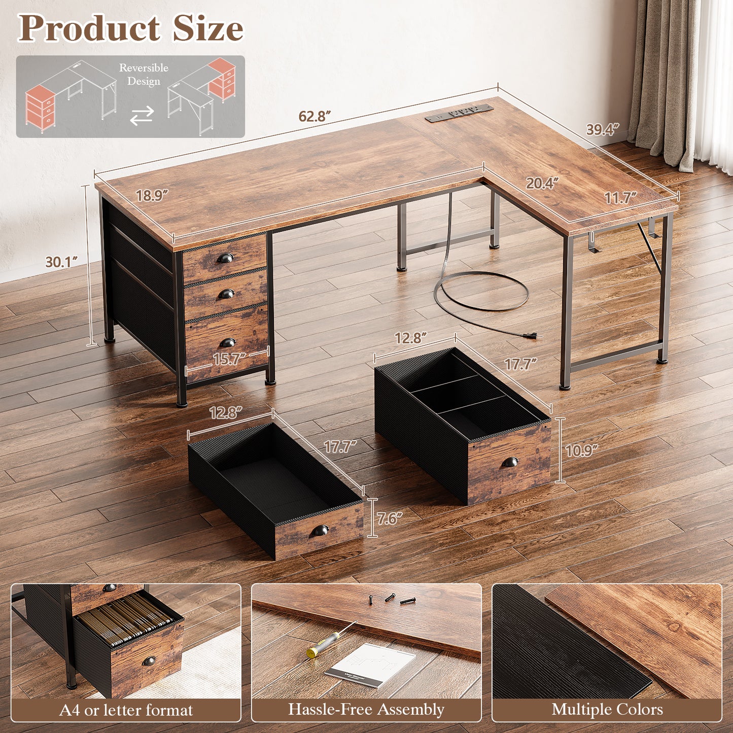 Furologee 55" L Shaped Desk with Power Outlets & USB-C Port, Reversible Corner Office Desk with File Drawers, Work Study Gaming Table for Home Office, Dorm, Rustic Brown