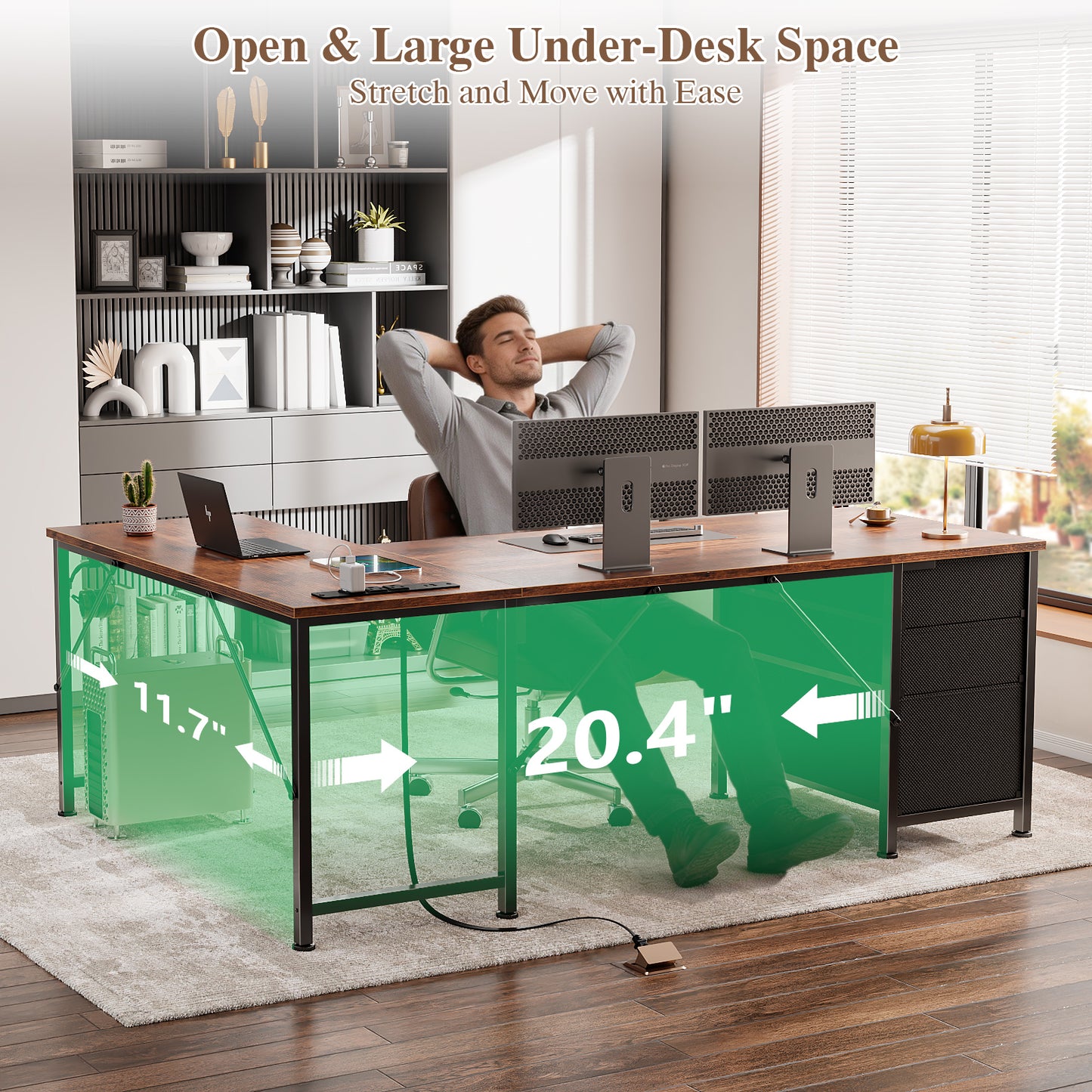 Furologee 55" L Shaped Desk with Power Outlets & USB-C Port, Reversible Corner Office Desk with File Drawers, Work Study Gaming Table for Home Office, Dorm, Rustic Brown