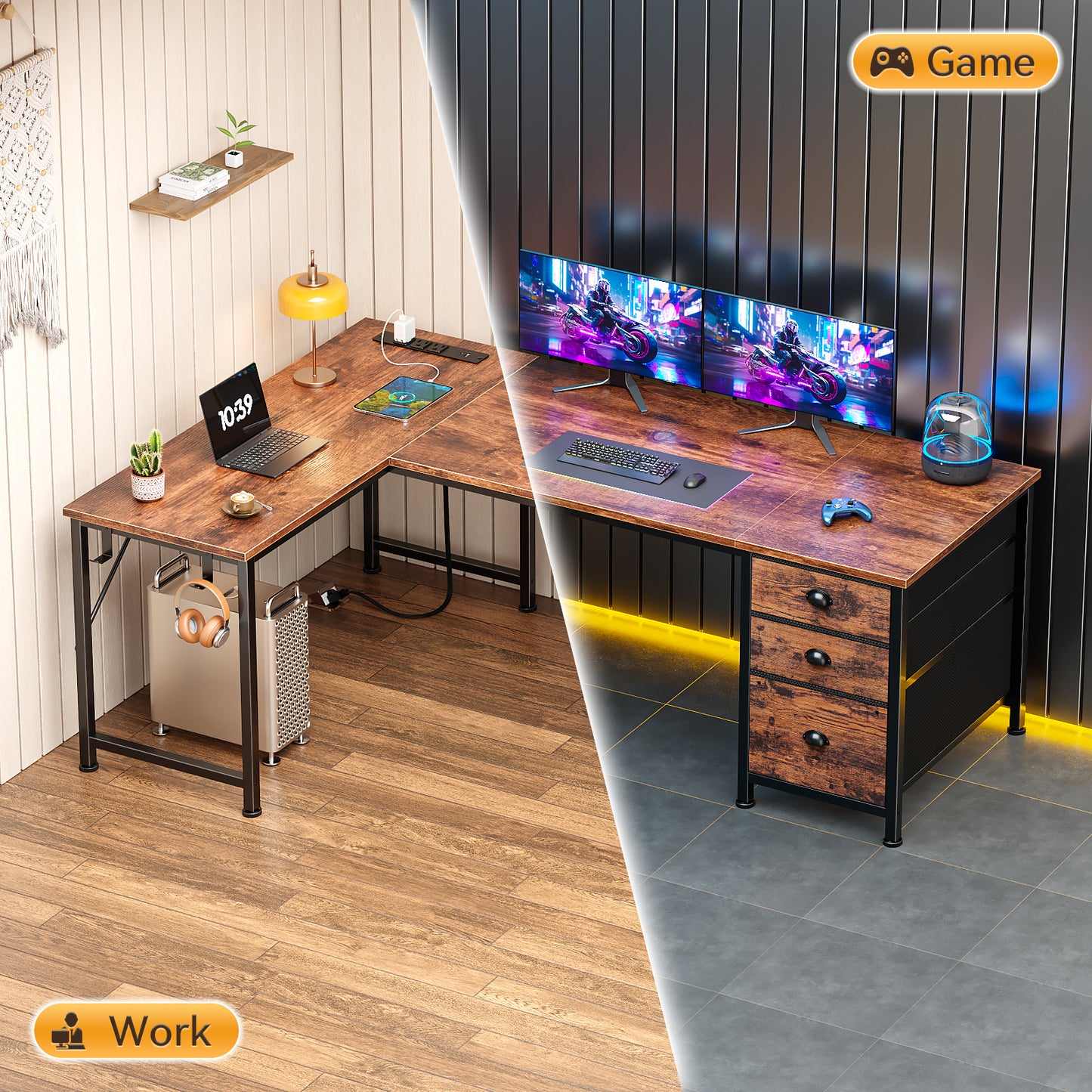 Furologee 55" L Shaped Desk with Power Outlets & USB-C Port, Reversible Corner Office Desk with File Drawers, Work Study Gaming Table for Home Office, Dorm, Rustic Brown