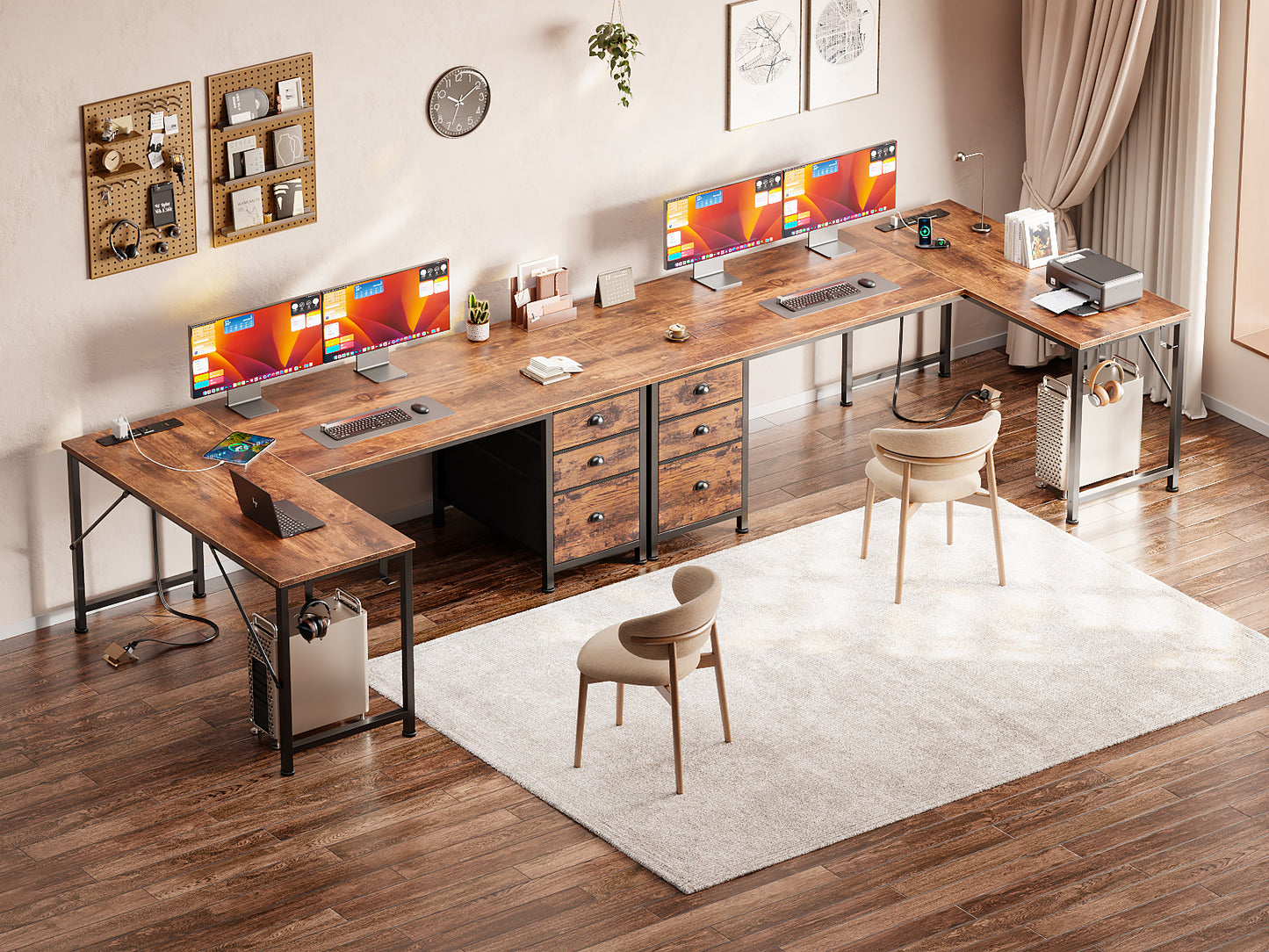 Furologee 55" L Shaped Desk with Power Outlets & USB-C Port, Reversible Corner Office Desk with File Drawers, Work Study Gaming Table for Home Office, Dorm, Rustic Brown