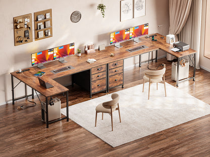 Furologee 55" L Shaped Desk with Power Outlets & USB-C Port, Reversible Corner Office Desk with File Drawers, Work Study Gaming Table for Home Office, Dorm, Rustic Brown