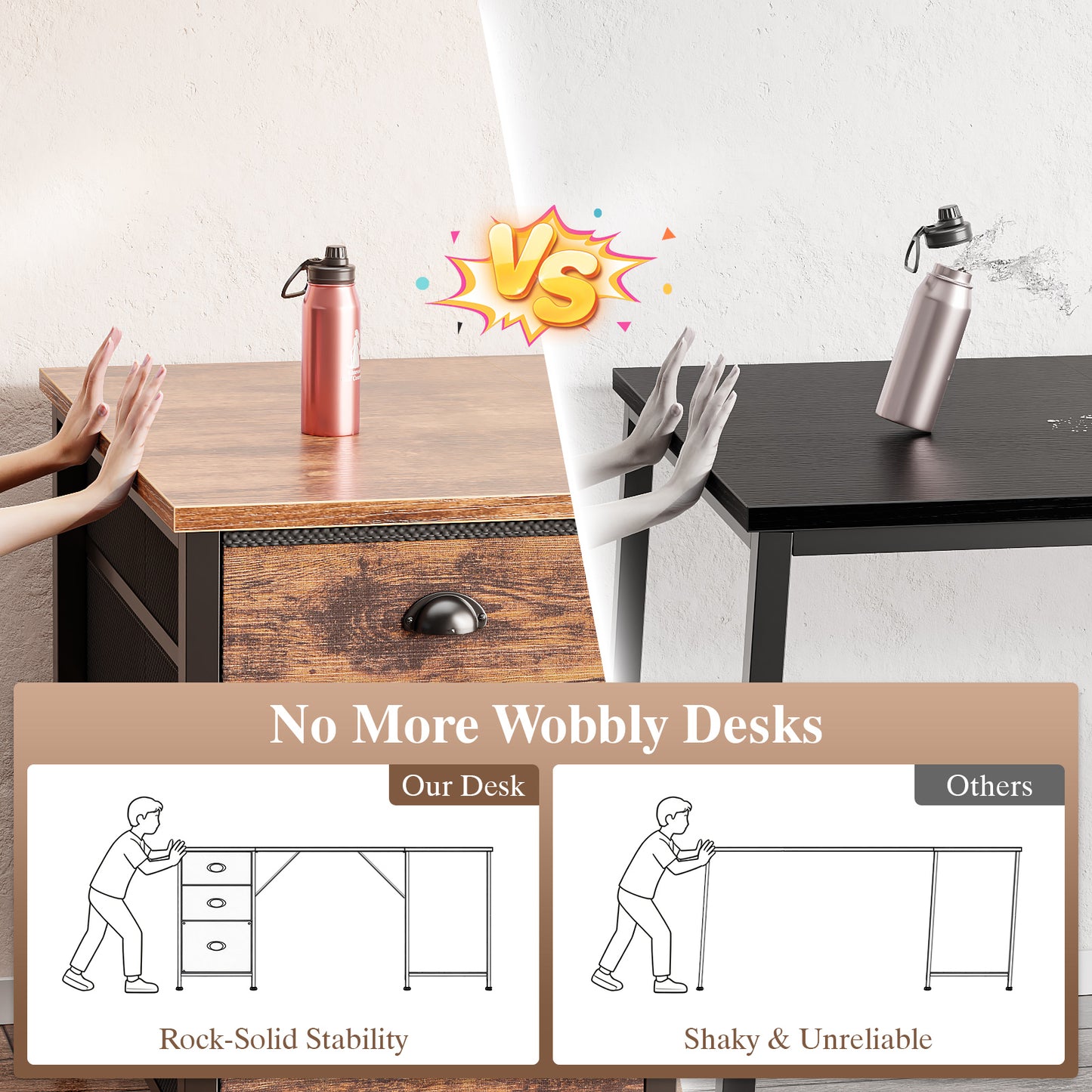 Furologee 55" L Shaped Desk with Power Outlets & USB-C Port, Reversible Corner Office Desk with File Drawers, Work Study Gaming Table for Home Office, Dorm, Rustic Brown
