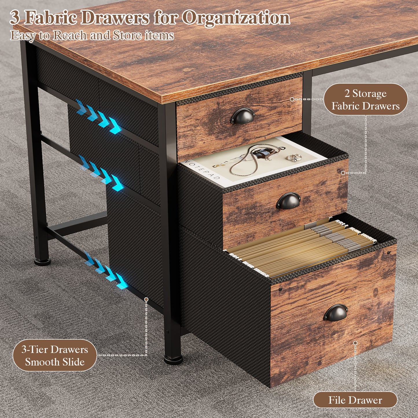 Furologee 63 Inch L Shaped Office Desk with Power Outlets & USB-C Ports, Computer Corner Desk with File Cabinet & Drawers, Reversible Work Table for Home Office Gaming, Rustic Brown