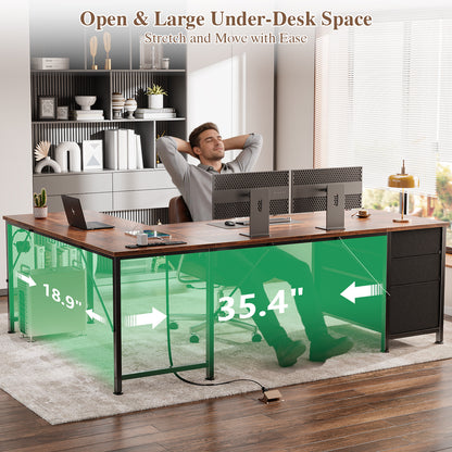 Furologee 63 Inch L Shaped Office Desk with Power Outlets & USB-C Ports, Computer Corner Desk with File Cabinet & Drawers, Reversible Work Table for Home Office Gaming, Rustic Brown