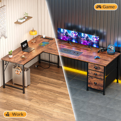 Furologee 63 Inch L Shaped Office Desk with Power Outlets & USB-C Ports, Computer Corner Desk with File Cabinet & Drawers, Reversible Work Table for Home Office Gaming, Rustic Brown