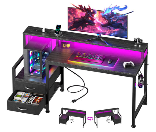 Furologee 47" Gaming Desk with LED Lights & USB-C Port, Reversible Computer Desk with Monitor Stand, Storage Shelves & 2 Fabric Drawers, Gamer Table with Power Outlets & Hooks, Carbon Fiber Black