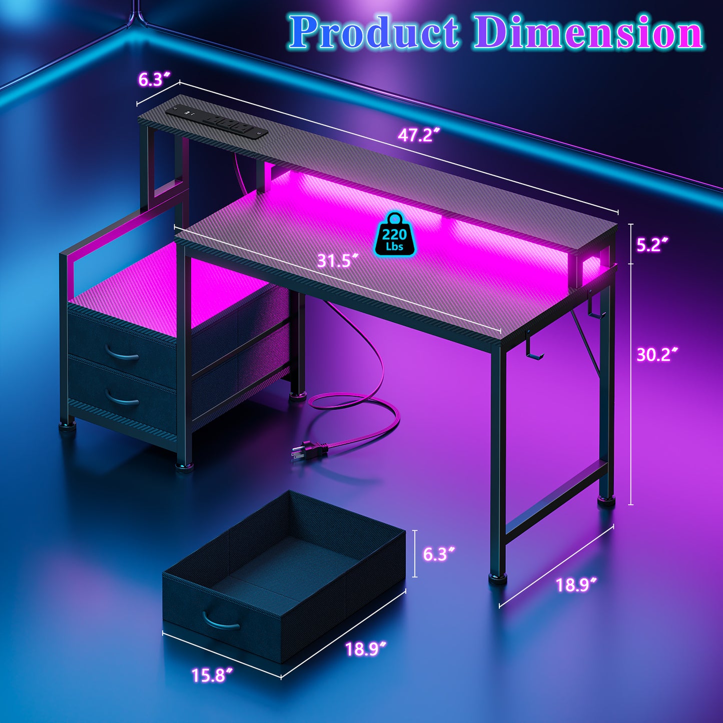 Furologee 47" Gaming Desk with LED Lights & USB-C Port, Reversible Computer Desk with Monitor Stand, Storage Shelves & 2 Fabric Drawers, Gamer Table with Power Outlets & Hooks, Carbon Fiber Black