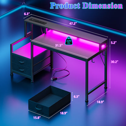 Furologee 47" Gaming Desk with LED Lights & USB-C Port, Reversible Computer Desk with Monitor Stand, Storage Shelves & 2 Fabric Drawers, Gamer Table with Power Outlets & Hooks, Carbon Fiber Black