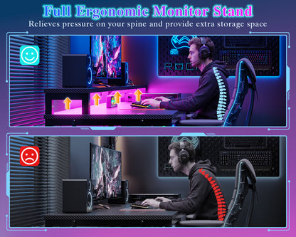 Furologee 47" Gaming Desk with LED Lights & USB-C Port, Reversible Computer Desk with Monitor Stand, Storage Shelves & 2 Fabric Drawers, Gamer Table with Power Outlets & Hooks, Carbon Fiber Black