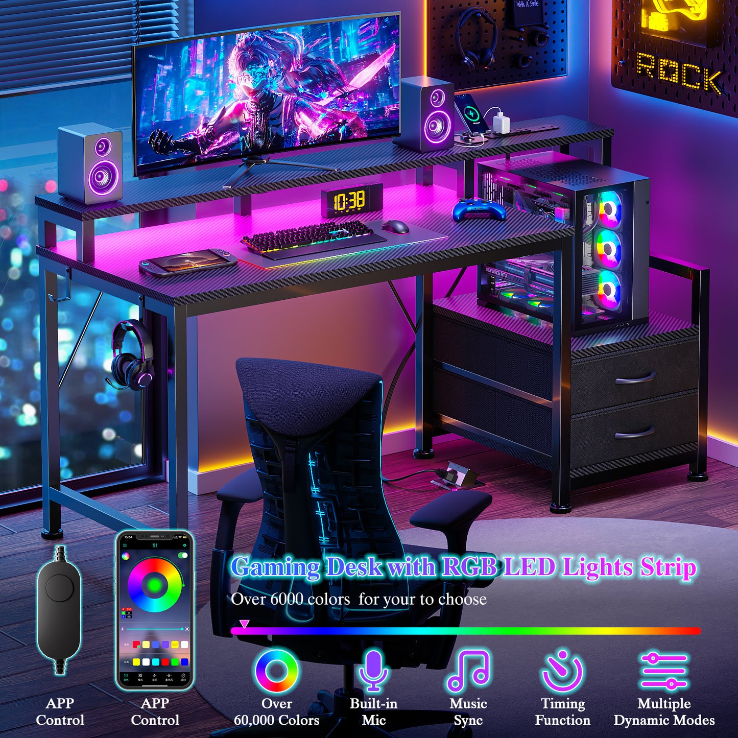 Furologee 47" Gaming Desk with LED Lights & USB-C Port, Reversible Computer Desk with Monitor Stand, Storage Shelves & 2 Fabric Drawers, Gamer Table with Power Outlets & Hooks, Carbon Fiber Black