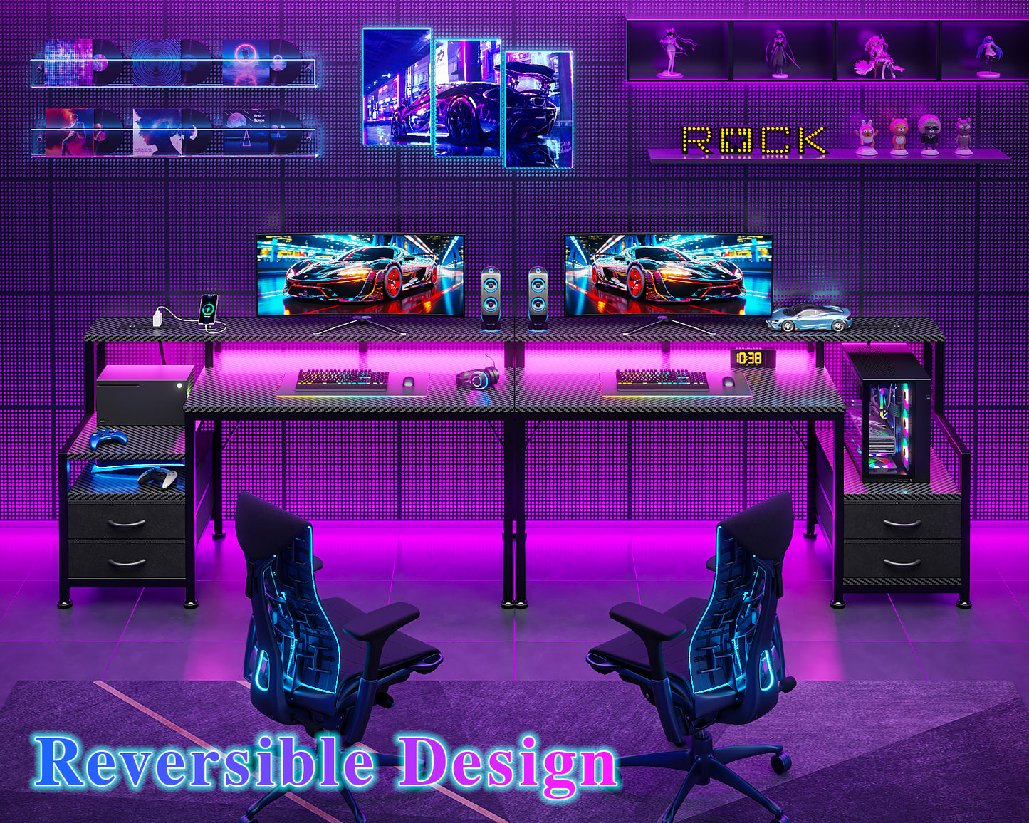 Furologee 47" Gaming Desk with LED Lights & USB-C Port, Reversible Computer Desk with Monitor Stand, Storage Shelves & 2 Fabric Drawers, Gamer Table with Power Outlets & Hooks, Carbon Fiber Black