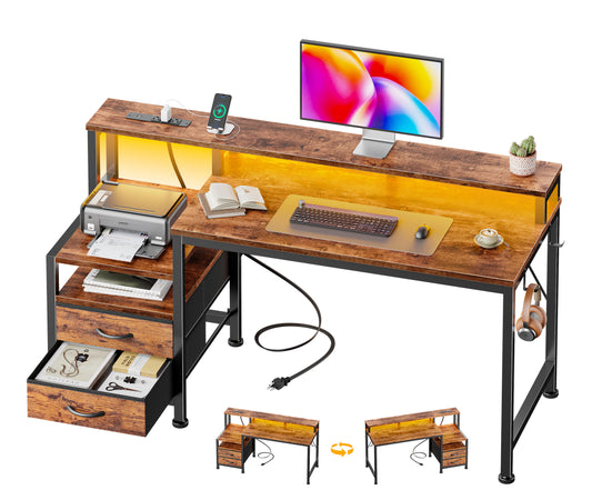 Furologee 47" Gaming Desk with LED Lights & USB-C Port, Reversible Computer Desk with Monitor Stand, Storage Shelves & 2 Fabric Drawers, Home Office Table with Power Outlets & Hooks, Rustic Brown