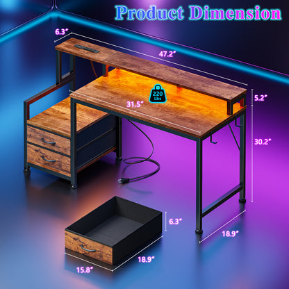 Furologee 47" Gaming Desk with LED Lights & USB-C Port, Reversible Computer Desk with Monitor Stand, Storage Shelves & 2 Fabric Drawers, Home Office Table with Power Outlets & Hooks, Rustic Brown