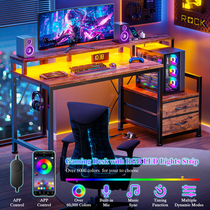 Furologee 47" Gaming Desk with LED Lights & USB-C Port, Reversible Computer Desk with Monitor Stand, Storage Shelves & 2 Fabric Drawers, Home Office Table with Power Outlets & Hooks, Rustic Brown