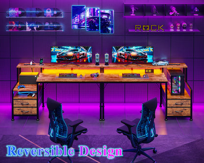 Furologee 47" Gaming Desk with LED Lights & USB-C Port, Reversible Computer Desk with Monitor Stand, Storage Shelves & 2 Fabric Drawers, Home Office Table with Power Outlets & Hooks, Rustic Brown
