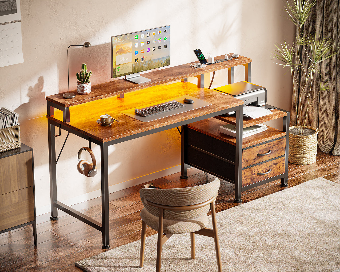 Furologee 47" Gaming Desk with LED Lights & USB-C Port, Reversible Computer Desk with Monitor Stand, Storage Shelves & 2 Fabric Drawers, Home Office Table with Power Outlets & Hooks, Rustic Brown