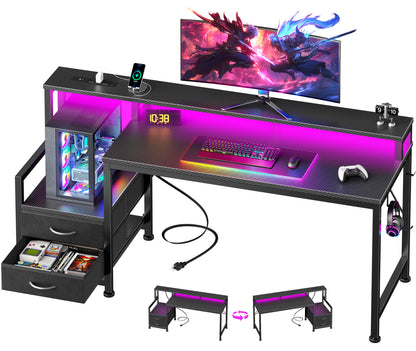 Furologee 55" Gaming Desk with LED Lights & USB-C Port, Reversible Computer Desk with Monitor Stand, Storage Shelves & 2 Fabric Drawers, Gamer Table with Power Outlets & Hooks, Carbon Fiber Black
