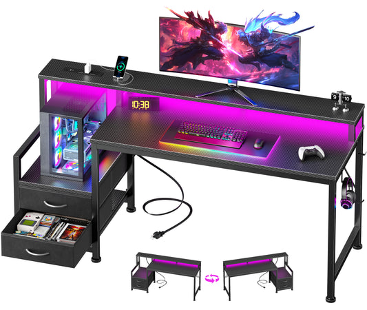 Furologee 55" Gaming Desk with LED Lights & USB-C Port, Reversible Computer Desk with Monitor Stand, Storage Shelves & 2 Fabric Drawers, Gamer Table with Power Outlets & Hooks, Carbon Fiber Black
