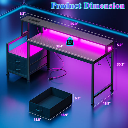 Furologee 55" Gaming Desk with LED Lights & USB-C Port, Reversible Computer Desk with Monitor Stand, Storage Shelves & 2 Fabric Drawers, Gamer Table with Power Outlets & Hooks, Carbon Fiber Black