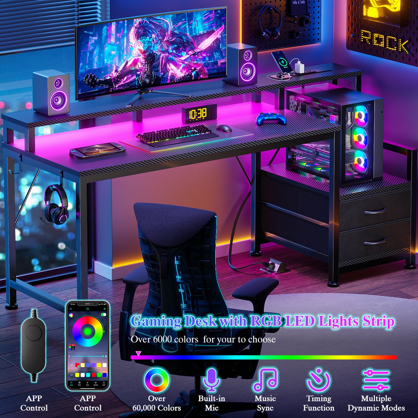 Furologee 55" Gaming Desk with LED Lights & USB-C Port, Reversible Computer Desk with Monitor Stand, Storage Shelves & 2 Fabric Drawers, Gamer Table with Power Outlets & Hooks, Carbon Fiber Black
