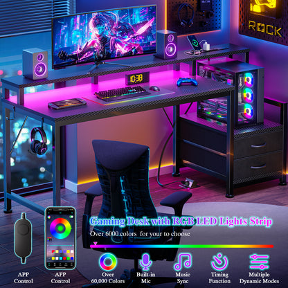 Furologee 55" Gaming Desk with LED Lights & USB-C Port, Reversible Computer Desk with Monitor Stand, Storage Shelves & 2 Fabric Drawers, Gamer Table with Power Outlets & Hooks, Carbon Fiber Black