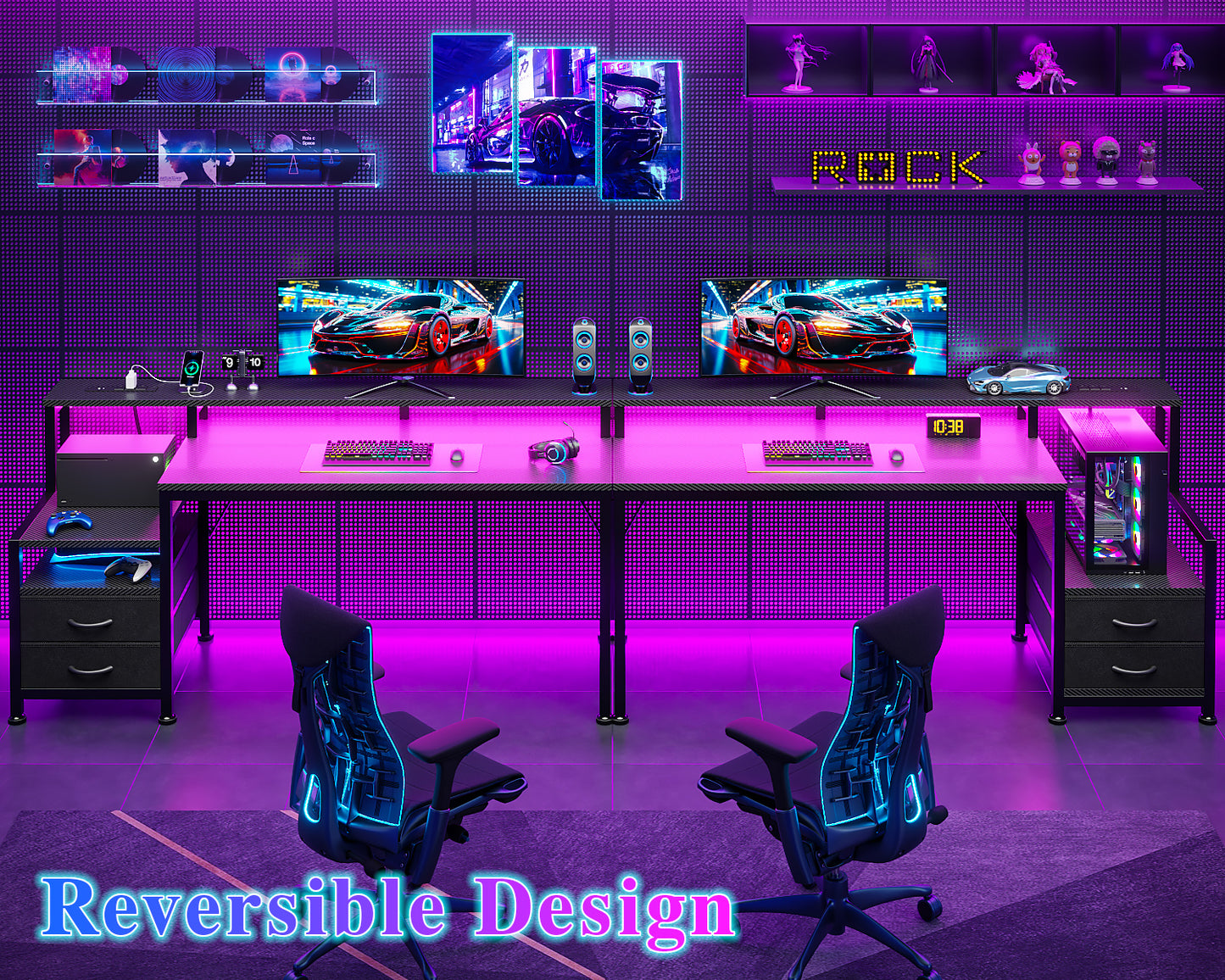 Furologee 55" Gaming Desk with LED Lights & USB-C Port, Reversible Computer Desk with Monitor Stand, Storage Shelves & 2 Fabric Drawers, Gamer Table with Power Outlets & Hooks, Carbon Fiber Black