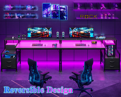 Furologee 55" Gaming Desk with LED Lights & USB-C Port, Reversible Computer Desk with Monitor Stand, Storage Shelves & 2 Fabric Drawers, Gamer Table with Power Outlets & Hooks, Carbon Fiber Black