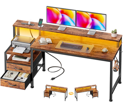Furologee 55" Gaming Desk with LED Lights & USB-C Port, Reversible Computer Desk with Monitor Stand, Storage Shelves & 2 Fabric Drawers, Home Office Table with Power Outlets & Hooks, Rustic Brown
