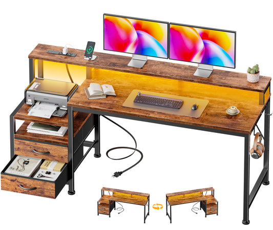 Furologee 55" Gaming Desk with LED Lights & USB-C Port, Reversible Computer Desk with Monitor Stand, Storage Shelves & 2 Fabric Drawers, Home Office Table with Power Outlets & Hooks, Rustic Brown