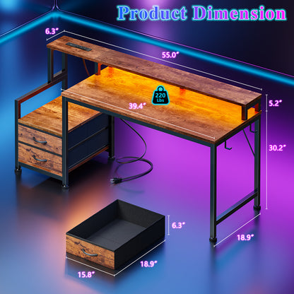 Furologee 55" Gaming Desk with LED Lights & USB-C Port, Reversible Computer Desk with Monitor Stand, Storage Shelves & 2 Fabric Drawers, Home Office Table with Power Outlets & Hooks, Rustic Brown