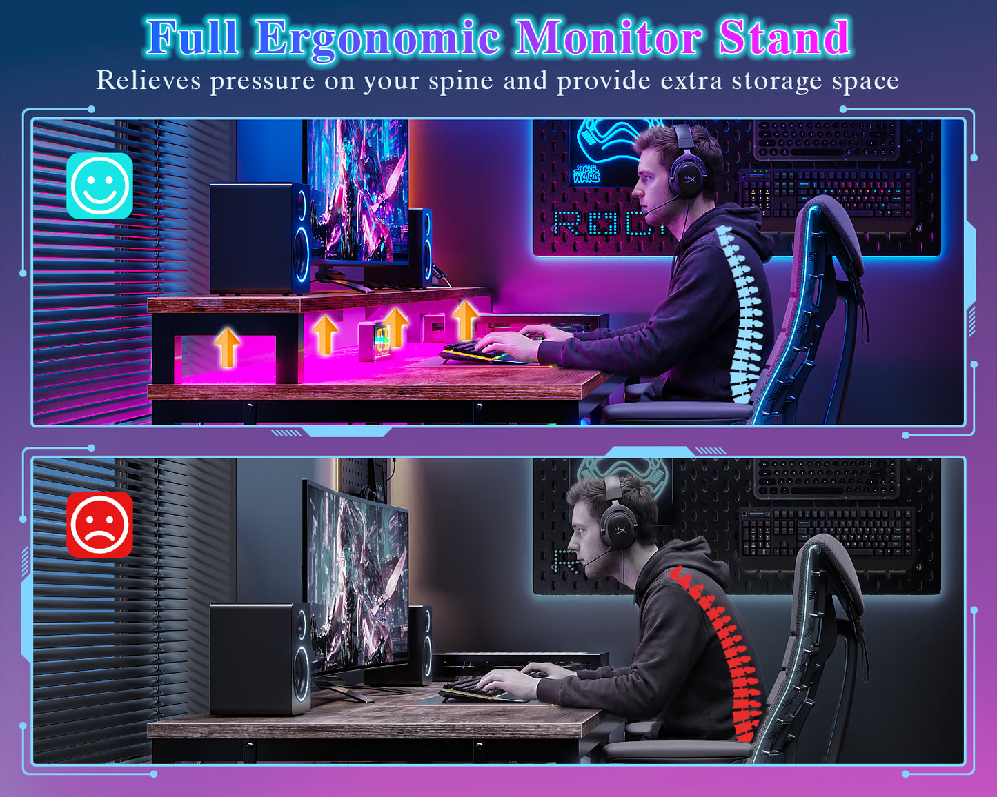 Furologee 55" Gaming Desk with LED Lights & USB-C Port, Reversible Computer Desk with Monitor Stand, Storage Shelves & 2 Fabric Drawers, Home Office Table with Power Outlets & Hooks, Rustic Brown